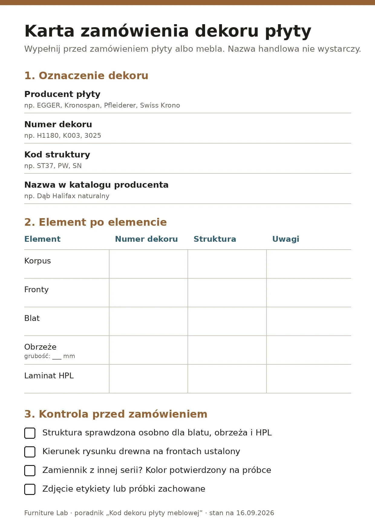 Karte zum Ausdrucken: Was in die Bestellung gehört, damit das Plattendekor bei Korpus, Fronten, Arbeitsplatte und Kante übereinstimmt
